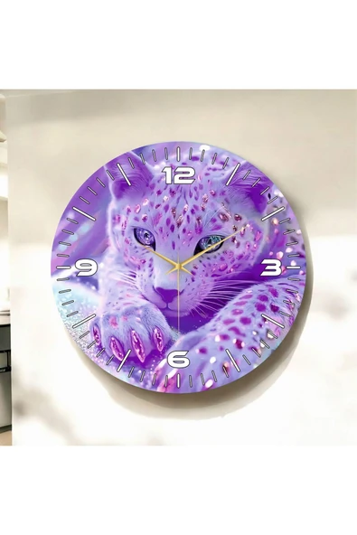 AA Shop Leopar Hayvan Mor Renkli Baskı Desenli Sayılı Yılbaşı Hediyelik Ahşap Sessiz Tablo Duvar Saati