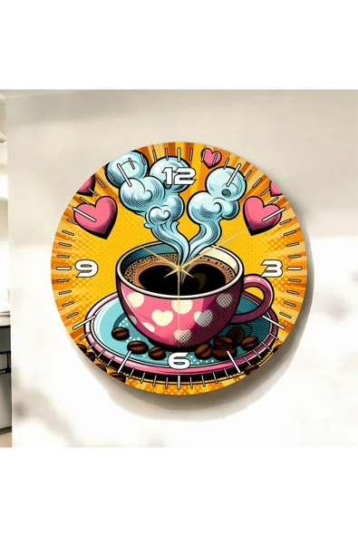 AA Shop Renkli Baskı Kahve Desenli Sayılı Yılbaşı Hediyelik Ahşap Sessiz Tablo Duvar Saati