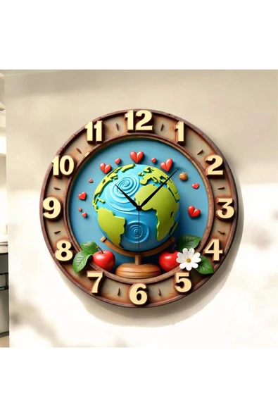 AA Shop Dünya Çiçek Renkli Baskı Desenli Sayılı Yılbaşı Hediyelik Ahşap Sessiz Tablo Duvar Saati