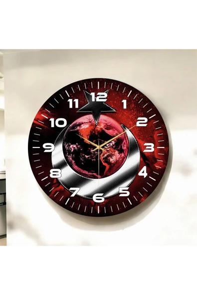 AA Shop Renkli Baskı Türk Bayrak Desenli Sayılı Yılbaşı Hediyelik Ahşap Sessiz Tablo Duvar Saati