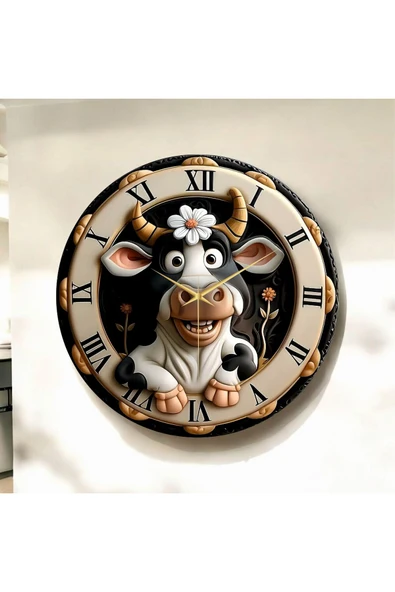 AA Shop Renkli Baskı İnek Çocuk Desenli Sayılı Yılbaşı Hediyelik Ahşap Sessiz Tablo Duvar Saati 50cm