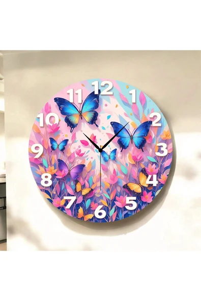 AA Shop Kelebek Renkli Baskı Desenli Sayılı Yılbaşı Hediyelik Ahşap Sessiz Tablo Duvar Saati