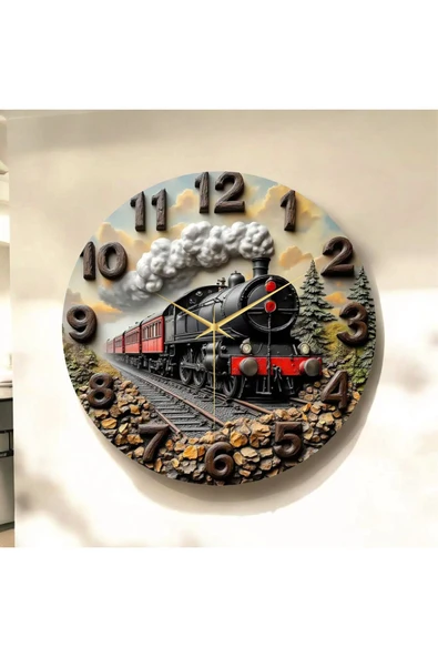 AA Shop Tren Renkli Baskı Desenli Sayılı Yılbaşı Hediyelik Ahşap Sessiz Tablo Duvar Saati