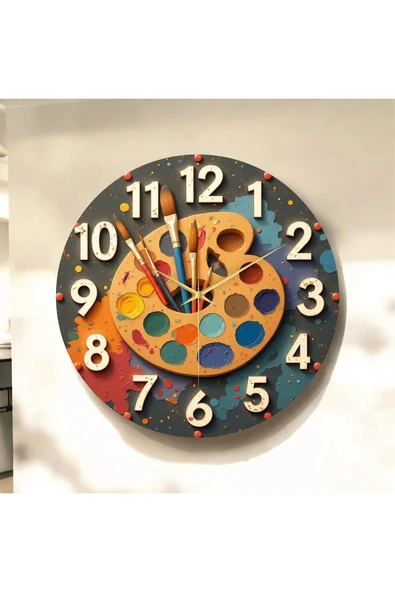 AA Shop Ressam Resim Palet Renkli Baskı Desenli Sayılı Yılbaşı Hediyelik Ahşap Sessiz Tablo Duvar Saati