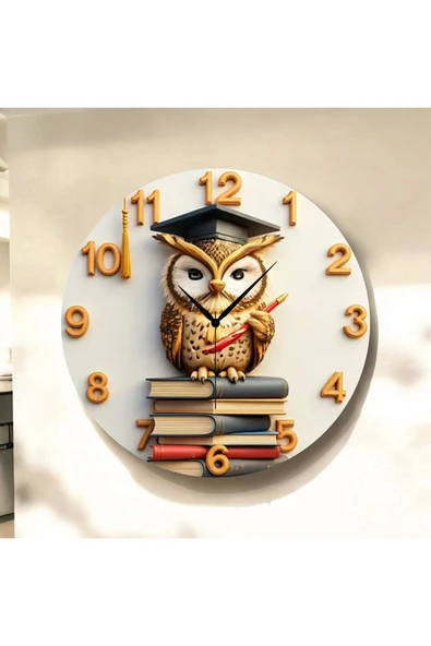 AA Shop Baykuş Kütüphane Kitap Renkli Baskı Desenli Sayılı Yılbaşı Hediyelik Ahşap Sessiz Tablo Duvar Saati