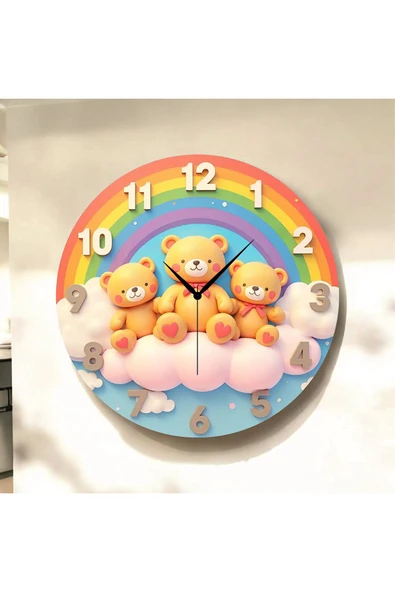 AA Shop Ayıcık Çocuk Renkli Baskı Desenli Sayılı Yılbaşı Hediyelik Ahşap Sessiz Tablo Duvar Saati