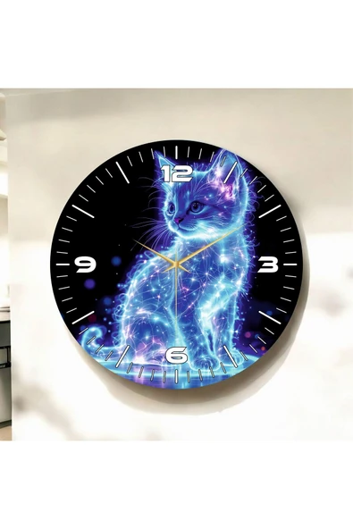 AA Shop Uzay Kedisi Renkli Baskı Desenli Sayılı Yılbaşı Hediyelik Ahşap Sessiz Tablo Duvar Saati