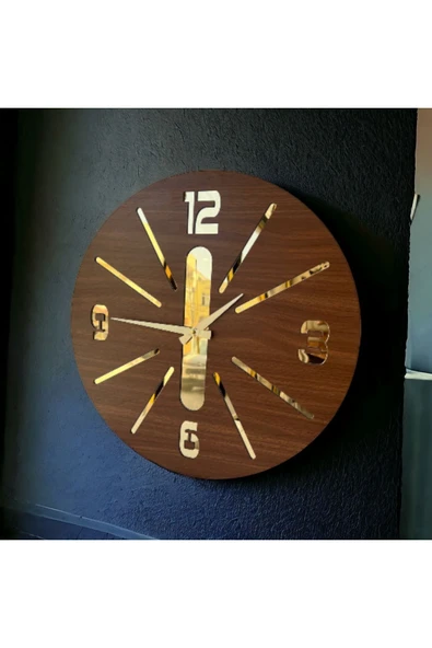 AA Shop Ceviz Gold Renk Yılbaşı Hediyelik Ahşap Aynalı Dekoratif Çizgili Farklı Desenli Duvar Saati 50cm