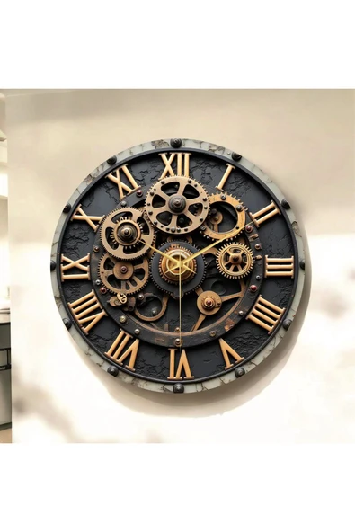 AA Shop Çark Roma Rakam Renkli Baskı Desenli Yılbaşı Hediyelik Ahşap Sessiz Tablo Duvar Saati