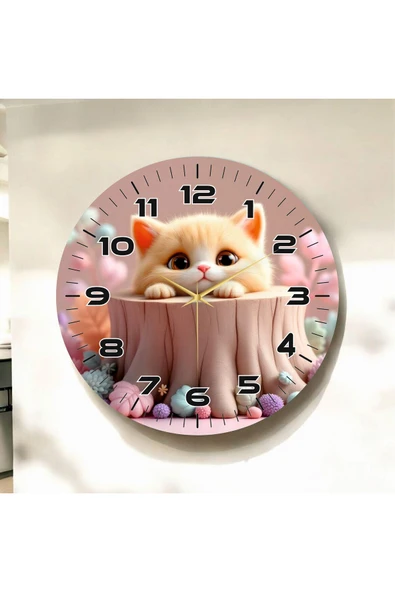 AA Shop Renkli Baskı Kedi Çocuk Desenli Sayılı Yılbaşı Hediyelik Ahşap Sessiz Tablo Duvar Saati