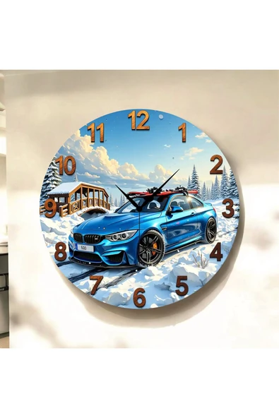 AA Shop Araba Kar Doğa Renkli Baskı Desenli Sayılı Yılbaşı Hediyelik Ahşap Sessiz Tablo Duvar Saati