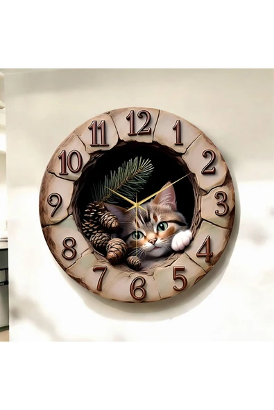 AA Shop Ahşap Kabartma Görünümlü Renkli Baskı Kedi Desenli Sayılı Yılbaşı Hediyelik Ahşap Sessiz Duvar Saati