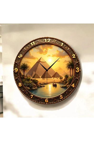 AA Shop Mısır Piramit Renkli Baskı Desenli Sayılı Yılbaşı Hediyelik Ahşap Sessiz Tablo Duvar Saati