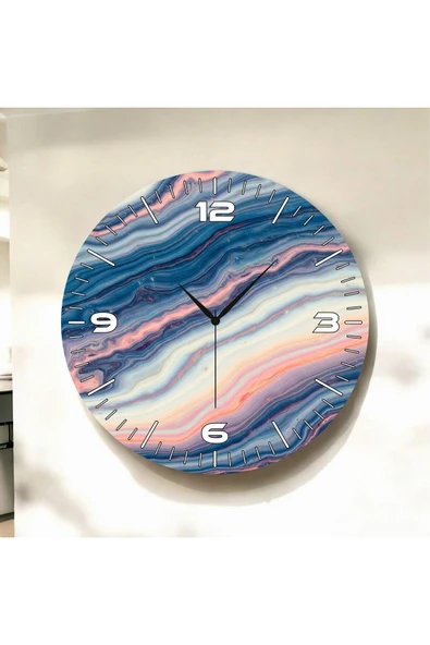 AA Shop Modern Renkli Baskı Ebru Desenli Sayılı Yılbaşı Hediyelik Ahşap Sessiz Tablo Duvar Saati