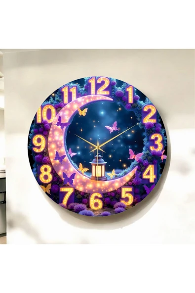 AA Shop Led Görünümlü Renkli Baskı Hilal ve Kelebek Desenli Sayılı Hediyelik Ahşap Sessiz Duvar Saati