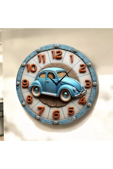 AA Shop Araba Çocuk Renkli Baskı Desenli Sayılı Yılbaşı Hediyelik Ahşap Sessiz Tablo Duvar Saati