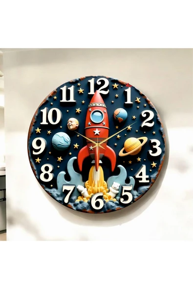 AA Shop Uzay Roketi Kabartma Görünümlü Renkli Baskı Desenli Sayılı Hediyelik Ahşap Sessiz Duvar Saati