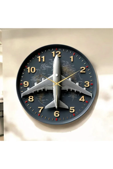 AA Shop Uçak Renkli Baskı Desenli Sayılı Yılbaşı Hediyelik Ahşap Sessiz Tablo Duvar Saati