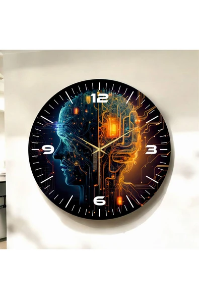AA Shop Renkli Baskı İnsan Makine Desenli Sayılı Yılbaşı Hediyelik Ahşap Sessiz Tablo Duvar Saati