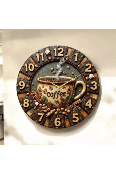 AA Shop Kahve Renkli Baskı Desenli Sayılı Yılbaşı Hediyelik Ahşap Sessiz Tablo Duvar Saati