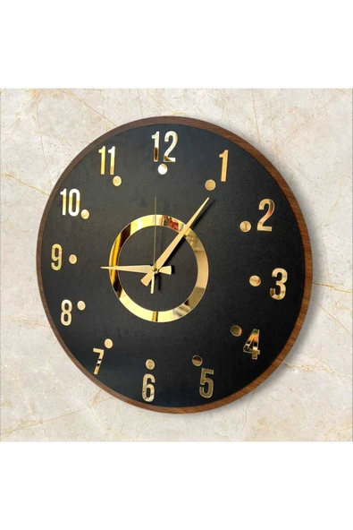 AA Shop Siyah Renk Gold Gri Aynalı Sayılı Sessiz Hediyelik Ahşap Dekoratif Desenli Ev Ofis Duvar Saati 50cm