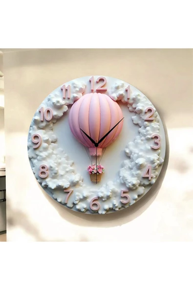 AA Shop Uçan Balon Renkli Baskı Desenli Sayılı Yılbaşı Hediyelik Ahşap Sessiz Tablo Duvar Saati