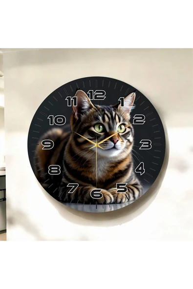 AA Shop Renkli Baskı Kedi Desenli Sayılı Yılbaşı Hediyelik Ahşap Sessiz Tablo Duvar Saati