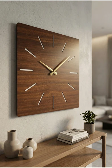 AA Shop Kare Ahşap Ceviz Renk Sade Sayılı Yılbaşı Hediyelik Sessiz Duvar Saati 50cm