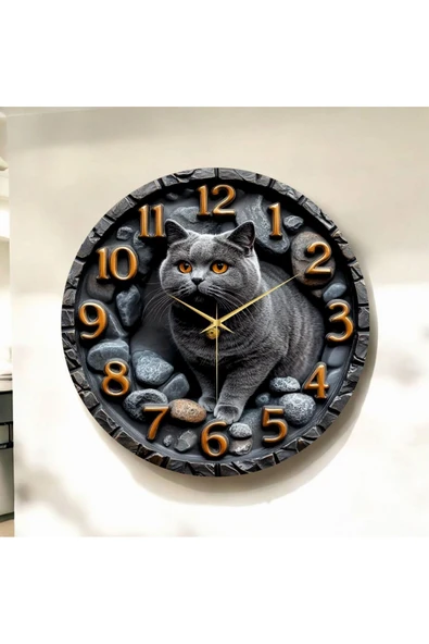 AA Shop Scottish Kedi Kabartma Görünümlü Renkli Baskı Desenli Sayılı Hediyelik Ahşap Sessiz Duvar Saati