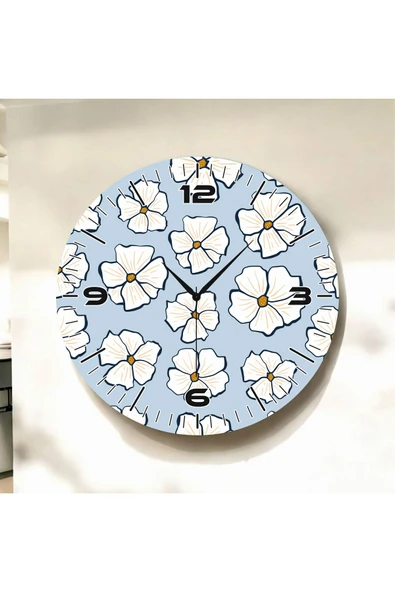 AA Shop Çiçek Temalı Renkli Baskı Papatya Desenli Sayılı Yılbaşı Hediyelik Ahşap Sessiz Tablo Duvar Saati