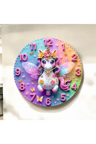 AA Shop Minik Unicorn Renkli Baskı Tek Boynuzlu At Desenli Sayılı Yılbaşı Hediyelik Ahşap Sessiz Duvar Saati