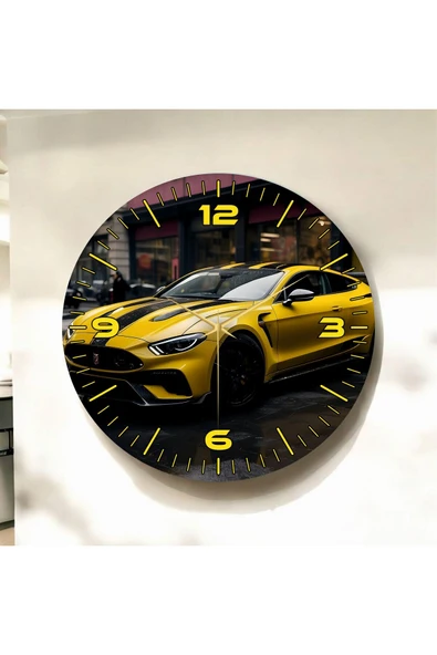 AA Shop Sarı Renkli Baskı Araba Desenli Sayılı Yılbaşı Hediyelik Ahşap Sessiz Tablo Duvar Saati