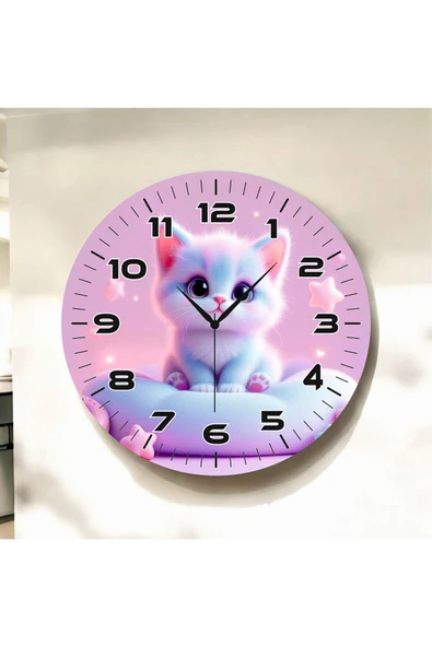 AA Shop Yavru Kedi Pembe Renkli Baskı Desenli Sayılı Yılbaşı Hediyelik Ahşap Sessiz Tablo Duvar Saati