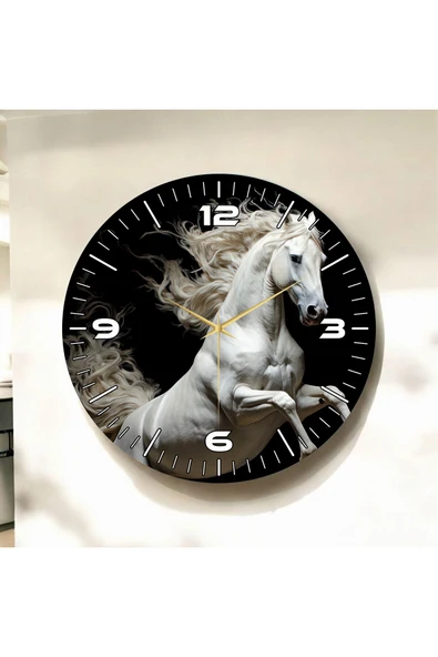 AA Shop Beyaz At Siyah Renkli Baskı Hayvan Desenli Sayılı Yılbaşı Hediyelik Ahşap Sessiz Tablo Duvar Saati