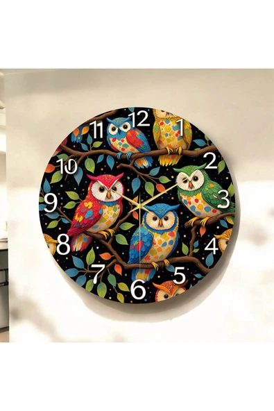 AA Shop Baykuş Hayvan Renkli Baskı Desenli Sayılı Yılbaşı Hediyelik Ahşap Sessiz Tablo Duvar Saati