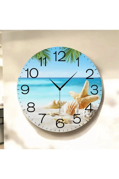 AA Shop Deniz Sahil Renkli Baskı Desenli Sayılı Yılbaşı Hediyelik Ahşap Sessiz Tablo Duvar Saati