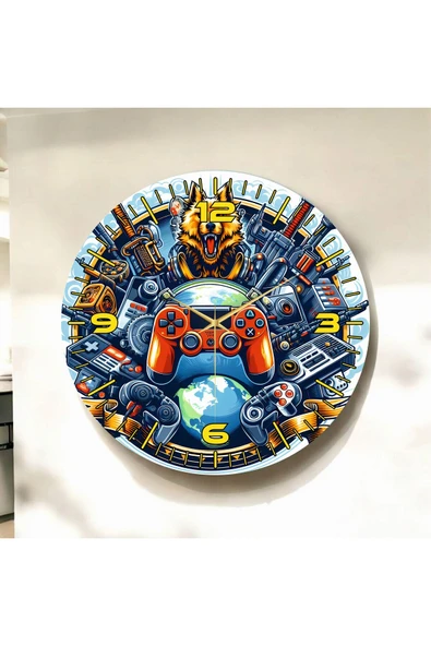 AA Shop Gamer Oyuncu Renkli Baskı Desenli Sayılı Yılbaşı Hediyelik Ahşap Sessiz Tablo Duvar Saati