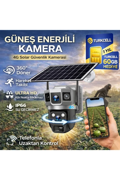 4G 1 Yıl 60 GB SIM Kartlı Güneş Enerjili 3 Kameralı 360° Döner Güvenlik Kamerası Bahçe Arazi