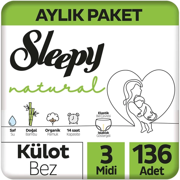 Sleepy Natural Aylık Paket Külot Bez 3 Numara Midi 136 Adet