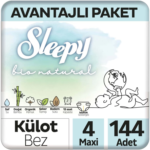 Sleepy Bio Natural Avantajlı Paket Külot Bez 4 Numara Maxi 144 Adet