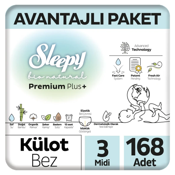 Sleepy Bio Natural Premium Plus Avantajlı Paket Külot Bez 3 Numara Midi 168 Adet