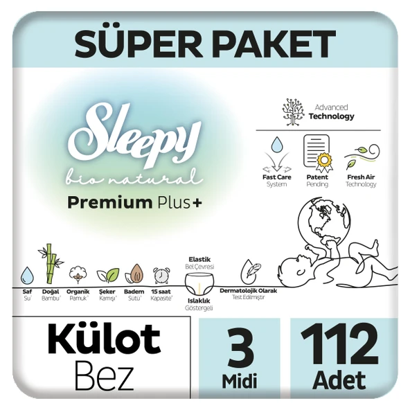 Sleepy Bio Natural Premium Plus Süper Paket Külot Bez 3 Numara Midi 112 Adet