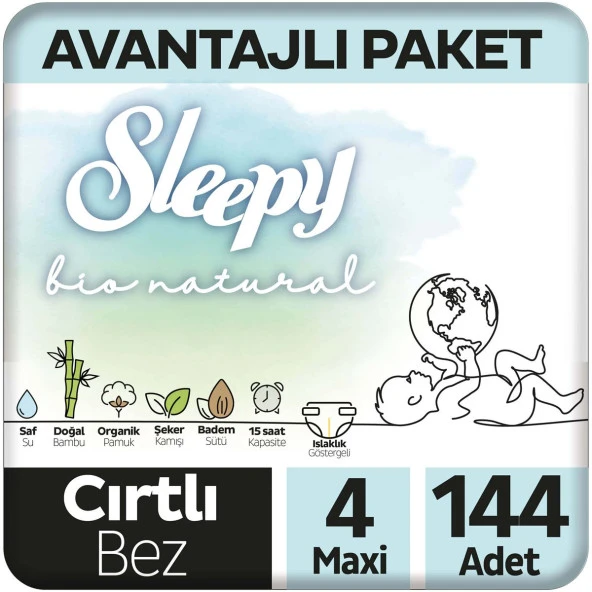 Sleepy Bio Natural Avantajlı Paket Bebek Bezi 4 Numara Maxi 144 Adet