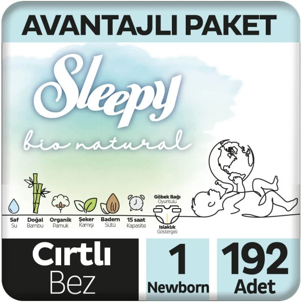 Sleepy Bio Natural Avantajlı Paket Bebek Bezi 1 Numara Yenidoğan 192 Adet
