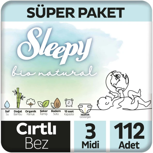 Sleepy Bio Natural Süper Paket Bebek Bezi 3 Numara Midi 112 Adet