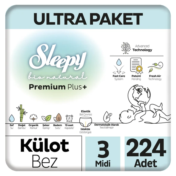 Sleepy Bio Natural Premium Plus Ultra Paket Külot Bez 3 Numara Midi 224 Adet