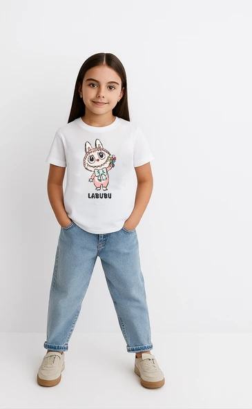 Kız Labubu Çocuk Baskılı T-Shirt - Beyaz