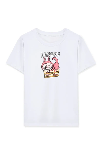 Kız Labubu Çocuk Baskılı T-Shirt - Beyaz