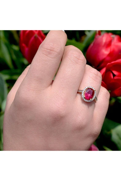 Oval Kırmızı Taşlı Altın Yüzük - Resim 2