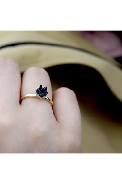 Lacivert Lotus Çiçeği Altın Yüzük - Resim 5